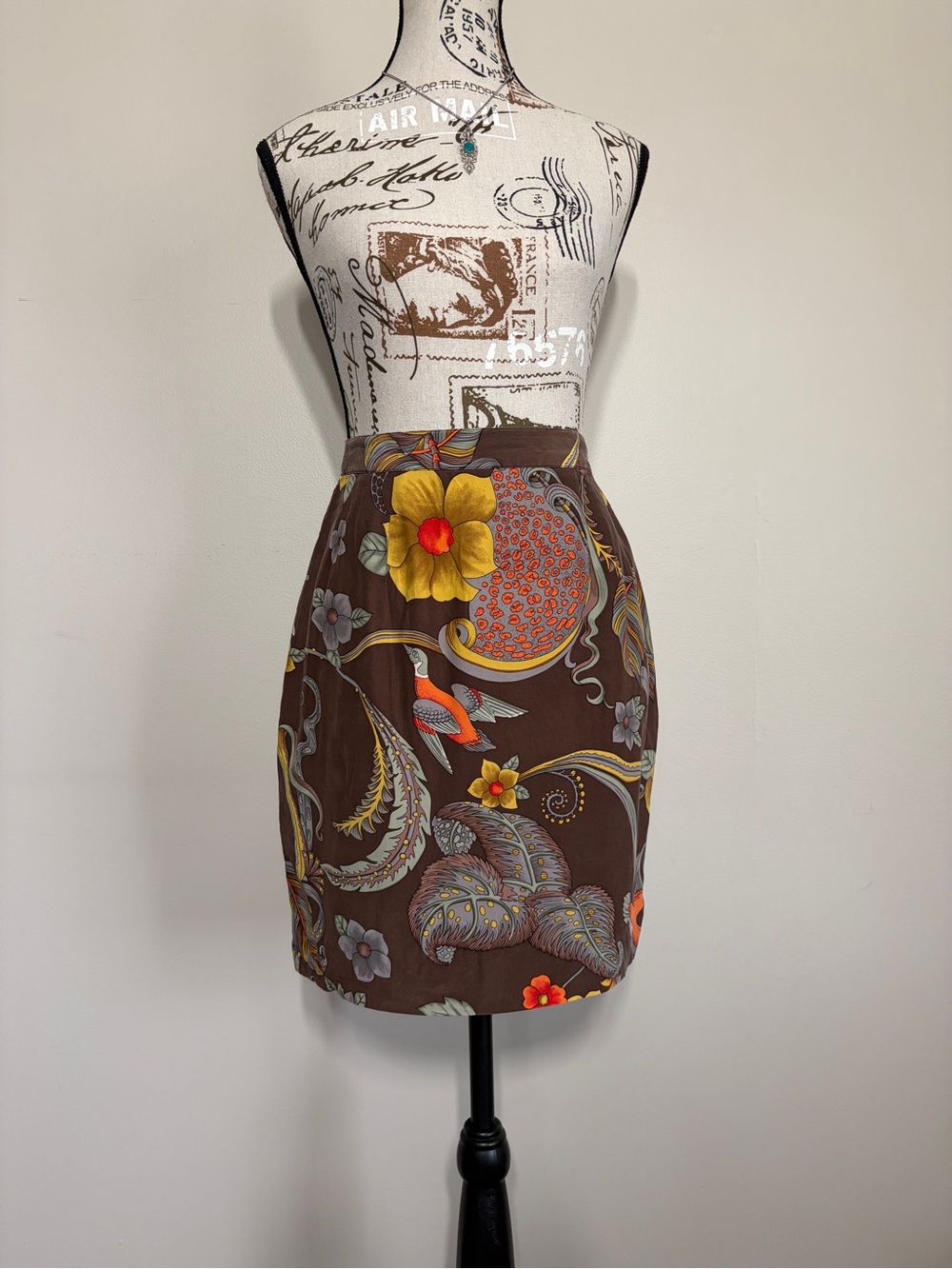Vintage Balla Valentina 100% Silk Brown Mustard Floral Print Mini Skirt